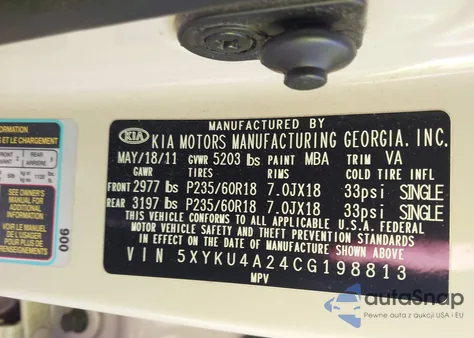 2012 Kia Sorento Ex V6 из США, поврежденный, VIN 5XYKU4A24CG198813